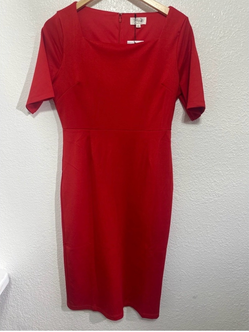 New Tulip B Red Sheath Dress - Classic Square Neck